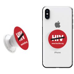 A popsocket with a red imprint saying HIV with a black dash across and text saying www.yoursite.org