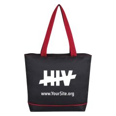 black tote bag with red carrying handles and base with an imprint on the front saying hiv with a dash across it and yoursite.org text below