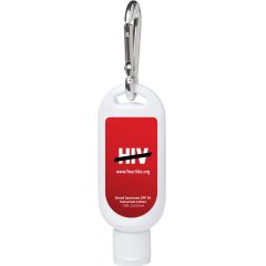 white sunscreen with silver carabiner and an imprint with a red background and text saying hiv with a dash across it and www.yoursite.org text below it