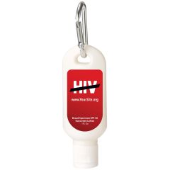 White sunscreen bottle with silver carabiner and an imprint of a red background and text saying hiv with a dash across it and yoursite.org text below