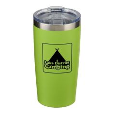 green stainless steel tumbler with a clear lid and an imprint saying Lake district camping