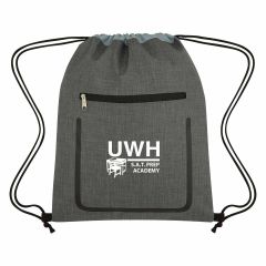personalized gray drawstring bag with front zippered pocket and an imprint saying UWH S.A.T. Prep academy