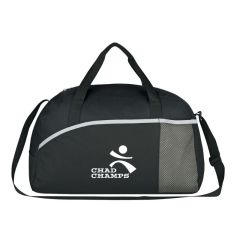 black duffel bag with a mesh multiple compartments, black straps, and an imprint saying Chad Champs
