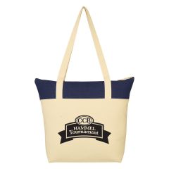 personalized natural cotton tote bag with a navy top, carrying handles, top zippered closure, and imprint saying ccb hammel tournament