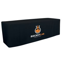 personalized black table cover with design imprinted in the front side of cover