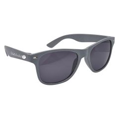 personalized gray sunglasses with flecked finish and imprint on left side of sunglasses