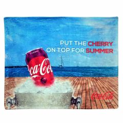 fleece blanket in full color with a cherry coca cola can and text saying put the cherry on top for summer
