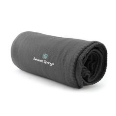 charcoal fleece blanket with an imprint saying Beckett Springs