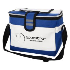 blue, white and black cooler bag with adjustable strap, easy access compartment, and an imprint saying equestrian training academy