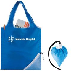 blue foldable tote bag with a cinch and an imprint saying Memorial Hospital