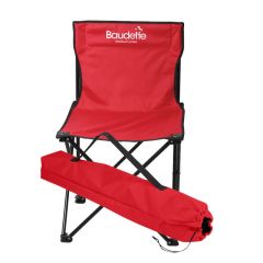 custom red foldable chair with an imprint text on the chair saying baudette medical center with matching color carrying bag