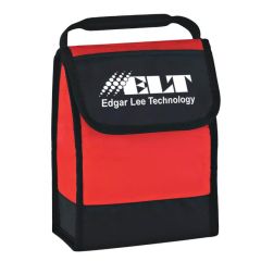red and black lunch bag with carrying handle, flap closure, and an imprint saying elt edgar lee technology