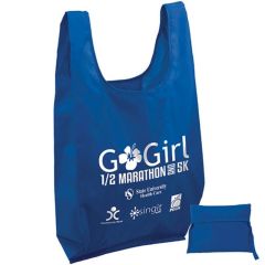 blue polyester foldable tote bag with an imprint saying Go Girl 1/2 Marathon and 5k from State University Health Care