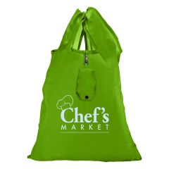 green folding tote bag with pouch and an imprint saying Chef's Market
