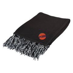 black fringed blanket with an imprint of an orange circle and text inside saying saying ks