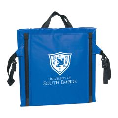 custom blue seat cushion with two side straps, two black carrying handles and the university of south empire logo with text below