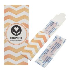 bandage case with a pack of bandages with a striped background and an imprint saying campbell health insurance