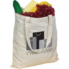 personalized natural cotton tote bag with full color imprint on front and prop grapes, cucumber, banana, and cheese inside of tote bag