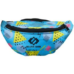a basic fanny pack with a zippered compartment and a full color design of 90's abstract art