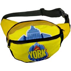 a round fanny pack with a full color imprint of buildings in front of the Eiffel tower