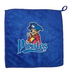 blue rally towel with a full color imprint saying pirates and a finger loop on the corner
