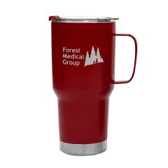 red stainless steel tumbler with a clear lid and an imprint saying Forest Medical Group