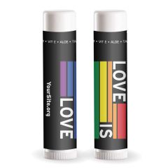 white lip balm with an imprint of a black background and a rainbow flag with text saying love is love and yoursite.org text below