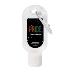 clear hand sanitizer with silver carabiner and an imprint of a black background with small colored circles and text saying pride in rainbow colors and yoursite.org text below
