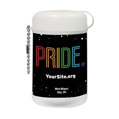 white mini wet wipe canister bottle with a beaded keychain attachment and an imprint of a black background with small colored circles and text saying pride in rainbow colors and yoursite.org text below