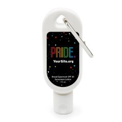 white sunscreen bottle with an imprint of a black background and colored circles scattered around with text saying pride in rainbow colors and yoursite.org text below
