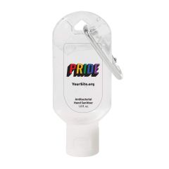 clear hand sanitizer with an imprint saying pride in rainbow colors with yoursite.org text below