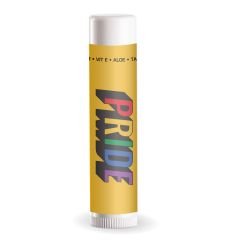 white lip balm with yellow background and text saying pride in rainbow colors