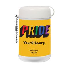 white wet wipe canister with a bead keychain attachment and an imprint of a yellow background with text saying pride in rainbow colors with yoursite.org text below