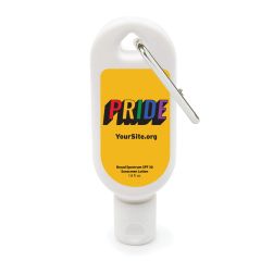 white sunscreen bottle with a silver carabiner and an imprint of a yellow background with text saying pride in rainbow colors and yoursite.org text below it