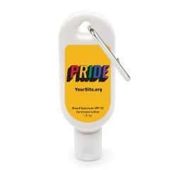 white sunscreen bottle with an imprint of a yellow background with text saying pride in rainbow colors and yoursite.org text below