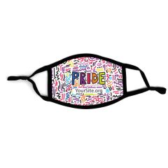 a black adjustable mask with 90's inspired abstract designs in the background and text in the middle saying pride in rainbow colors with yoursite.org text below