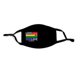 black adjustable mask with the pride rainbow flag and text saying love is love and yoursite.org below
