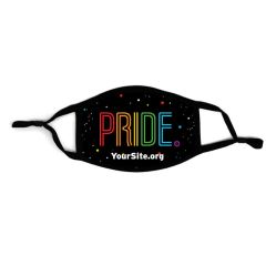 a black adjustable mask with colored circles in the background and text saying pride in neon designed rainbow colors and yoursite.org text below