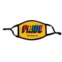 a black adjustable mask with an imprint of a yellow background and text saying pride in rainbow colors with yoursite.org text below