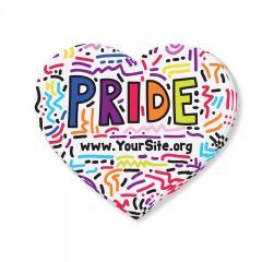 Heart pride sticker with rainbow-colored designs and yoursite.org text below
