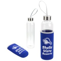 glass bottle with screwable stainless steel lid attached to a strap and a neoprene sleeve with an imprint saying Shelle Vista Resorts