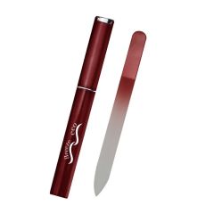 red glass nail file with a matching case with an imprint saying Breeze Eco