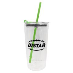 glass bottle with a green straw and top and an imprint saying 81STAR