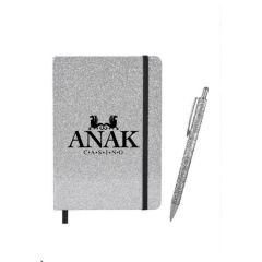 personalized silver notebook and matching pen with bookmark, strap closure, and an imprint anak casino