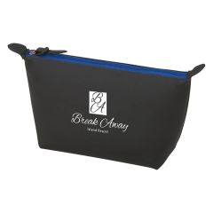 blue and black colored zippered toiletry bag with an imprint saying break away