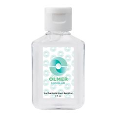 clear hand sanitizer bottle with a white top and a full color label saying olmer cosmetics labo
