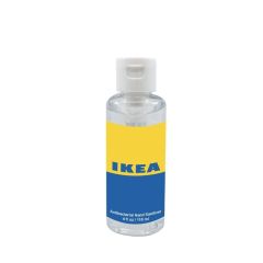 hand sanitizer bottle with a white cap and an imprint saying ikea