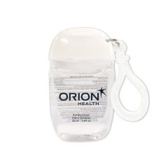 clear travel hand sanitizer bottle with a white clip and an imprint saying orion health