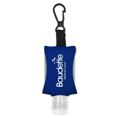 hand sanitizer with blue case imprinted with Baudette Medical Center and a clip attached