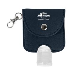 hand sanitizer with a navy leatherette pouch and an imprint saying Blue Ridges Cancer Treatment Center